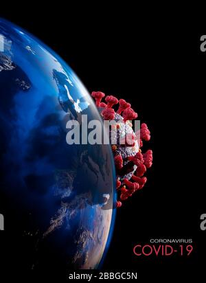 License and prints at MaximImages.com - Coronavirus COVID-19 overshadowing the Earth globe. Viral epidemic conceptual 3D illustration. Spreading virus