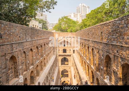 Agrasen ki Baoli is a 60-meter long and 15-meter wide historical step well on Hailey Road, near Connaught Place, Jantar Mantar in New Delhi, Stock Photo