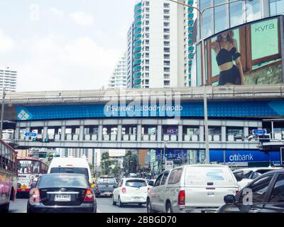 Bangkok, Thailand - March 25, 2020: Asoke junction, Traffic jams on Sukhumvit 23 road in Bangkok, Thailand. Stock Photo