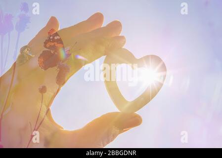 Balance between people and nature concept. Restoring balance in nature. Positive attitude concept. Person holding heart shape, sun star effect on back Stock Photo