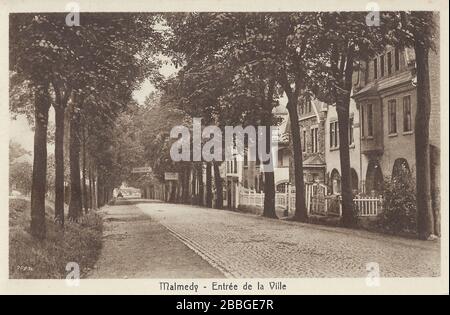 Entrée de la ville de Malmedy postcard, from around 1935, showing a lane of trees with mansions Stock Photo