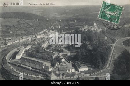 Postcard from around 1913 showing a panorama of Bouillon village with Semois river as seen from the Bouillon medieval castle belvédère viewpoint in Be Stock Photo