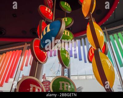 Inside of M&Ms World store : chocolate gifts, work art, goodies, clothes - London Stock Photo