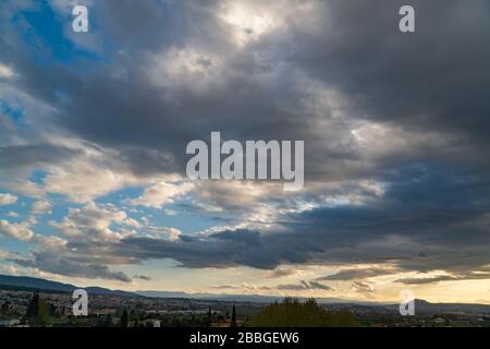 Natural backgrounds texture: stormy sky. Thunderclouds. Storm clouds before the storm. Dark grey. Stock Photo