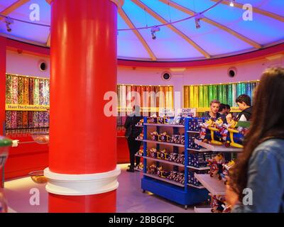 Inside of M&Ms World store : chocolate gifts, work art, goodies, clothes - London Stock Photo