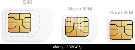 Mobile sim card types set. Normal, Micro, Nano cellular phone cards. Stock Vector