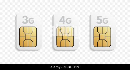 Set of 3G, 4G, 5G Sim card types. Realistic blank phone cards with various generation wireless technology Stock Vector