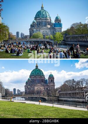 Berlin, Germany. 31st Mar, 2020. KOMBO - The Berlin Cathedral before the coronavirus crisis (above, archive picture from 17.05.2019) and up-to-date. Due to the extensive restrictions, significantly fewer people can be seen in public life in Berlin. Credit: Monika Skolimowska/Michael Kap/dpa/Alamy Live News Stock Photo