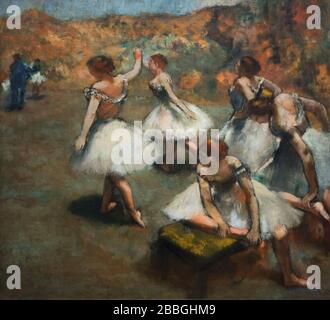 Painting 'Dancers Onstage' by French Impressionist artist Edgar Degas (1889-1894) on display at his exhibition in the Musée d'Orsay in Paris, France. The exhibition devoted to the artist passionate relationship with the theatre runs till 19 January 2020. Stock Photo