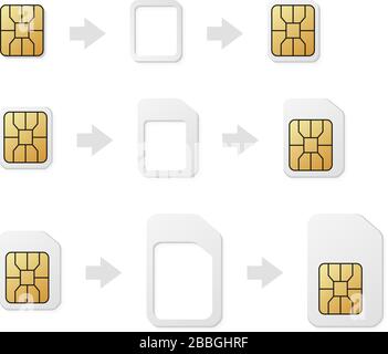 eSIM to Nano, Nano to Micro, Micro to Normal SIM card adapter. Phone sim-card converter set. Stock Vector