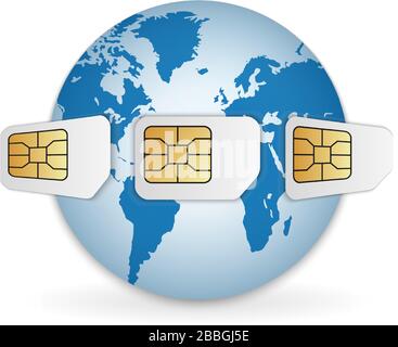 Blank SIM cards around the Earth. Global mobile communication Stock Vector