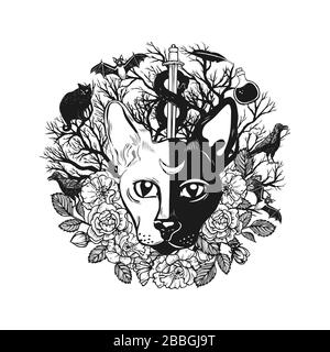 Magic cat head with witchcraft symbolic on white background. Stock Vector