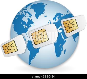 Realistic SIM cards around the Earth illustration. Global mobile communication Stock Vector