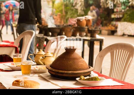 Tagine & Tanjia pots - two Moroccan specialities in Marrakech, Morocco Stock Photo