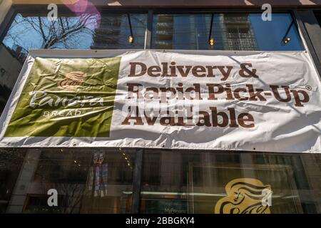 Panera Bread in New York promotes their delivery and pick-up service due to the COVID-19 pandemic on Thursday, March 26, 2020. (© Richard B. Levine)