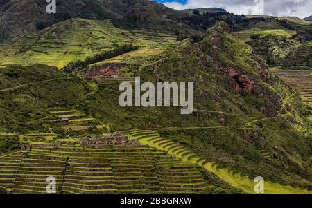 Close-up drone picture of some inca ruins part of The Archeological site of Pisac in the Sacred Valley of Peru. Stock Photo