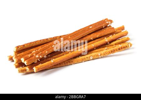Bread sticks straws with salt on a white background Stock Photo