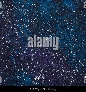Abstract black and blue painted background with white blobs, starry sky effect, paint of gouache on canvas, acrylic. Dark watercolor backgrounds. Spot Stock Photo
