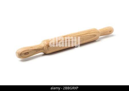 New wooden rolling pin for dough isolated on white background Stock Photo