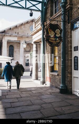 London, UK - March 06, 2020: Sign outside closed doors of Punch & Judy pub in Covent Garden Market, one of the most popular tourist sites in London, p Stock Photo