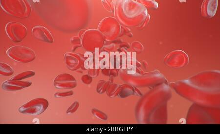 Red blood cells on a red background. Flow of blood in a living organism. Scientific and medical concept. Transfer of important elements in the blood Stock Photo