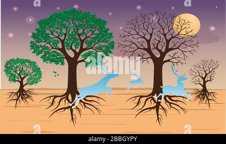green and dry leaves tree in desert Stock Vector