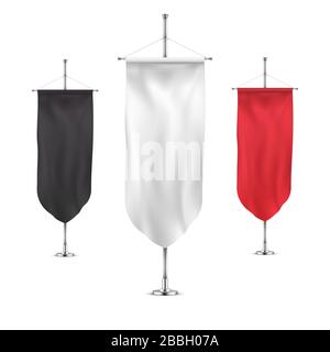 Vertical banners hanging on a metal flagpole white, red and black flags templates Stock Vector