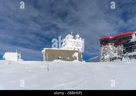 frozen buildings on the mountain top Stock Photo