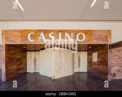 Las Vegas, MAR 30, 2020 - Afternoon special lockdown cityscape of the famous Golden Nugget Casino in Downtown Las Vegas Stock Photo