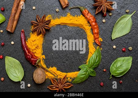 Various spices on granite background Stock Photo
