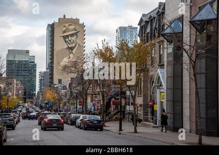 Leonard Cohen mural on Crescent, Montreal, Quebec, Canada Stock Photo