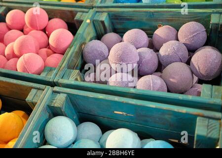 Hand made soap in wooden boxes. Close up. Stock Photo