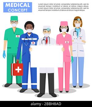 Medical concept. Detailed illustration of doctor and nurses in protective masks. Group of doctors man and woman standing together and holding empty Stock Vector