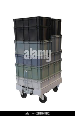 plastic boxes stacked one upon the other on warehouse trolley or platform trolley, isolated on white background Stock Photo