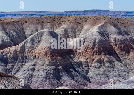High angle landscape of badlands or barren striped hillsides at Petrified Forest National Park in Arizona Stock Photo