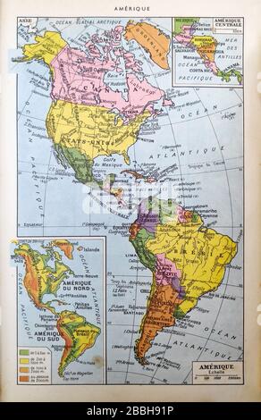 Old map of the Americas printed in the french dictionary 'Dictionnaire complet illustré' by the editor Larousse in 1889. It depicts the Americas in th Stock Photo