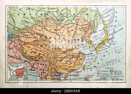Old map of the China and Japan printed in late 19th century.
