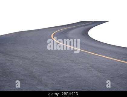 Winding asphalt road with yellow symbol. Isolated on background Stock Photo