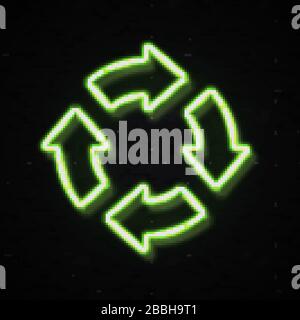 3d green neon 4 in circle arrows on black brick background. Zero Waste Reuse Recycle icon for web internet. Glowing light recycling symbol. Refresh re Stock Vector