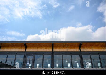 Row wooden building with terrace and blue sky Stock Photo