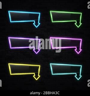 Neon light rectangle arrow pointer set on black brick background. Color arrows symbol. Glowing illuminated led lamp tube frame with plastic plate for Stock Vector