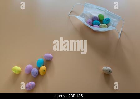 easter eggs sugar home made and mask  for covid-19 Stock Photo