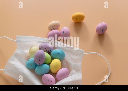 easter eggs sugar home made and mask  for covid-19 Stock Photo