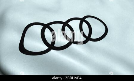 RUSSIA, MOSCOW, MARCH 2020: Flag with Audi logo, close-up. Conceptual editorial 3d rendering. Stock Photo