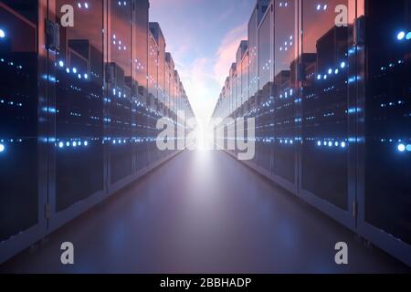 3d rendering of rows of network servers machine farm cloud computing hardware on blue sky background. Stock Photo