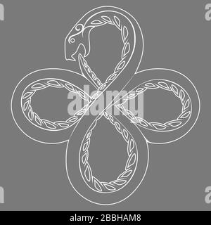 White contour illustration of occult symbol ouroboros serpent on grey background Stock Vector