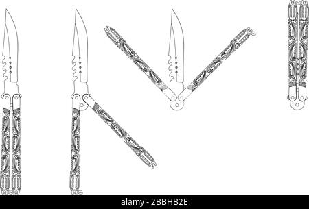 Black contour sketch illustration of four beautiful butterfly knives or balisongs Stock Vector