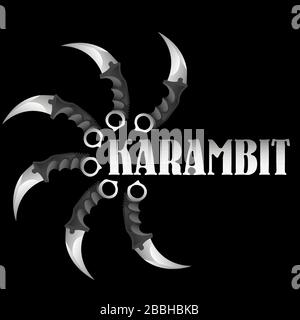 Six realistic karambits around the word 'karambit' on black background Stock Vector