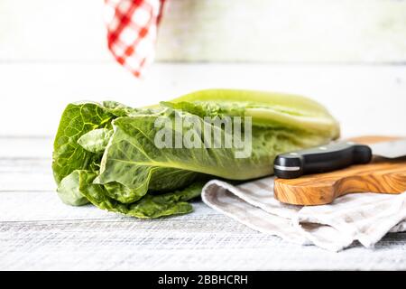 Fresh green Romaine Lettuce. Leaves of Lactuca sativa on white table. Stock Photo