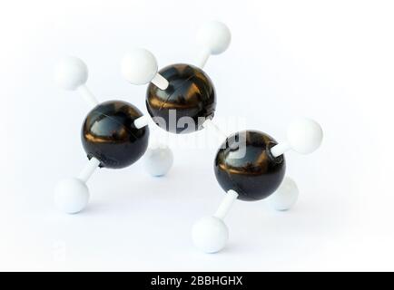 Plastic ball-and-stick model of a propane (chemical formula C3H8) molecule with on a white background. Propane is commonly used as fuel. Stock Photo